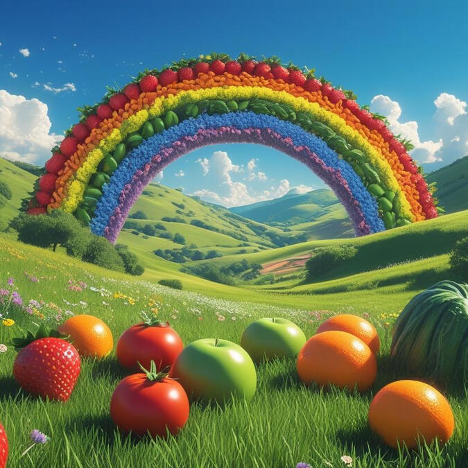 Lush meadows and fields with delicate flowers. A blue sky with white fluffy clouds. A rainbow made out of colourful fruits and vegetables with some fruit and veg on the ground.